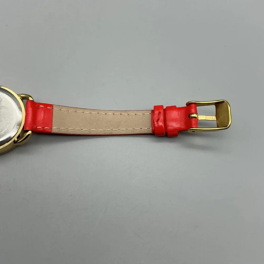 Disney Girls Watch 28mm Mickey Mouse Red Leather Gold Silver Tone New Battery